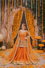 Maha Wajahat Orange Bridal Net Lengha 3 Piece Unstitched / Stitched