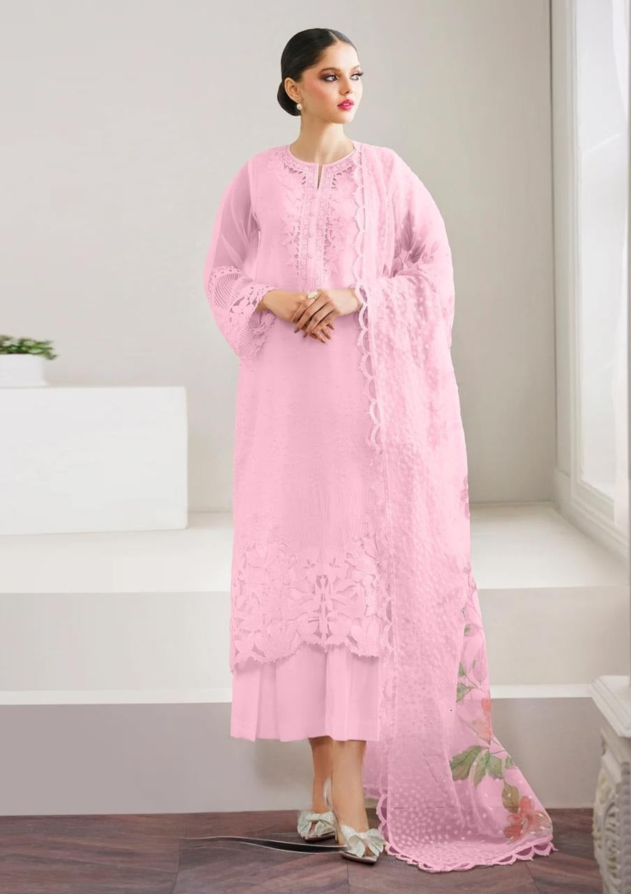 Baroque Pink Pearl Embroidered Organza Formal Collection Hand Work Embroidered 3 Piece Unstitched