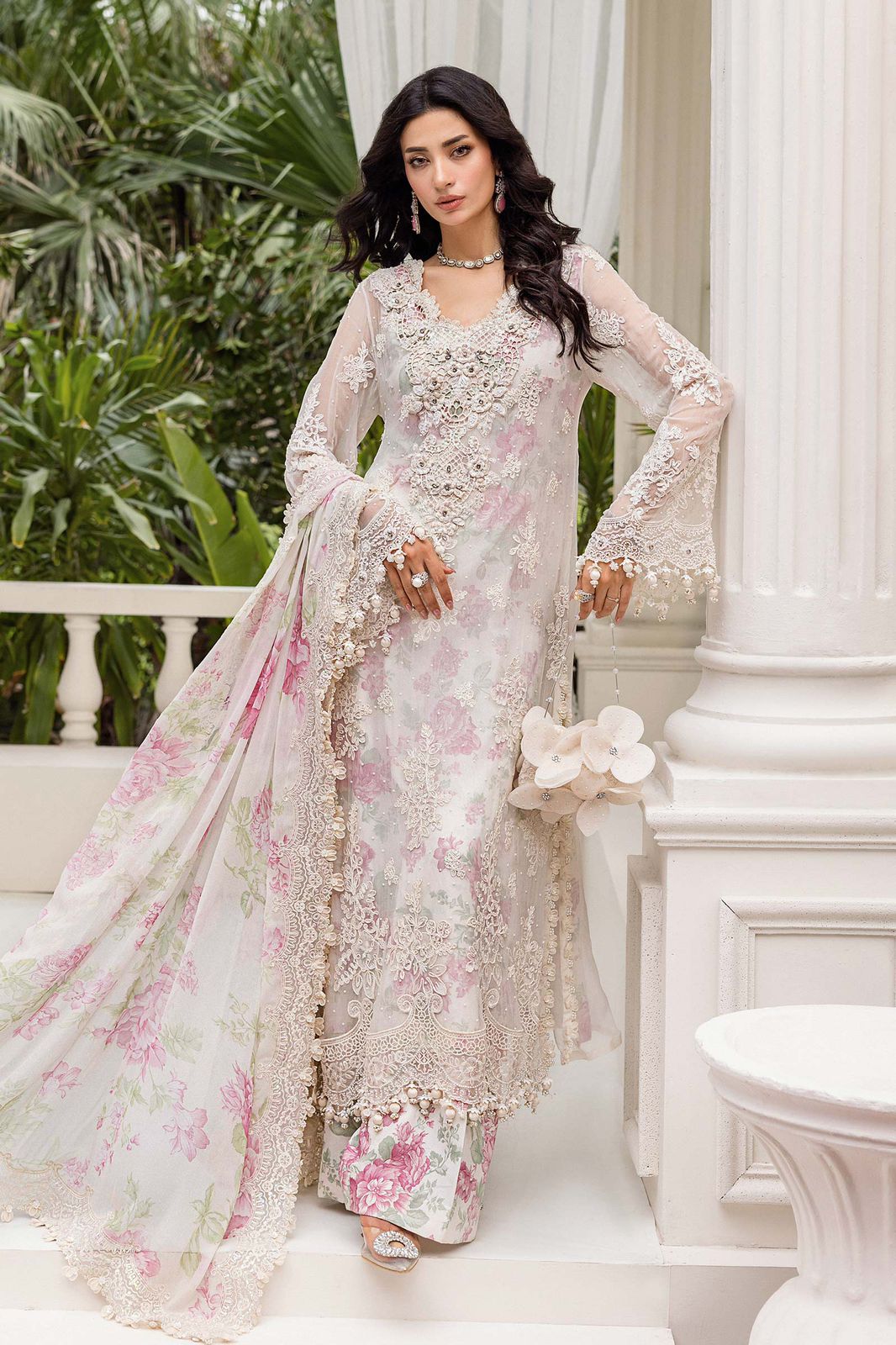 Maria B White Embroidered Chiffon Luxury 3 Piece Unstitched / Stitched