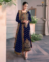 Asim Jofa Blue Luxury Velvet Dress Embroidered 3 Piece Unstitched