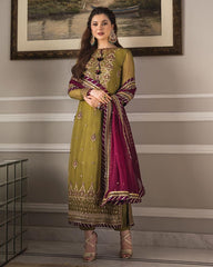 Asim Jofa Mehndi Green Luxury Embroidered Chiffon 3 Piece Unstitched