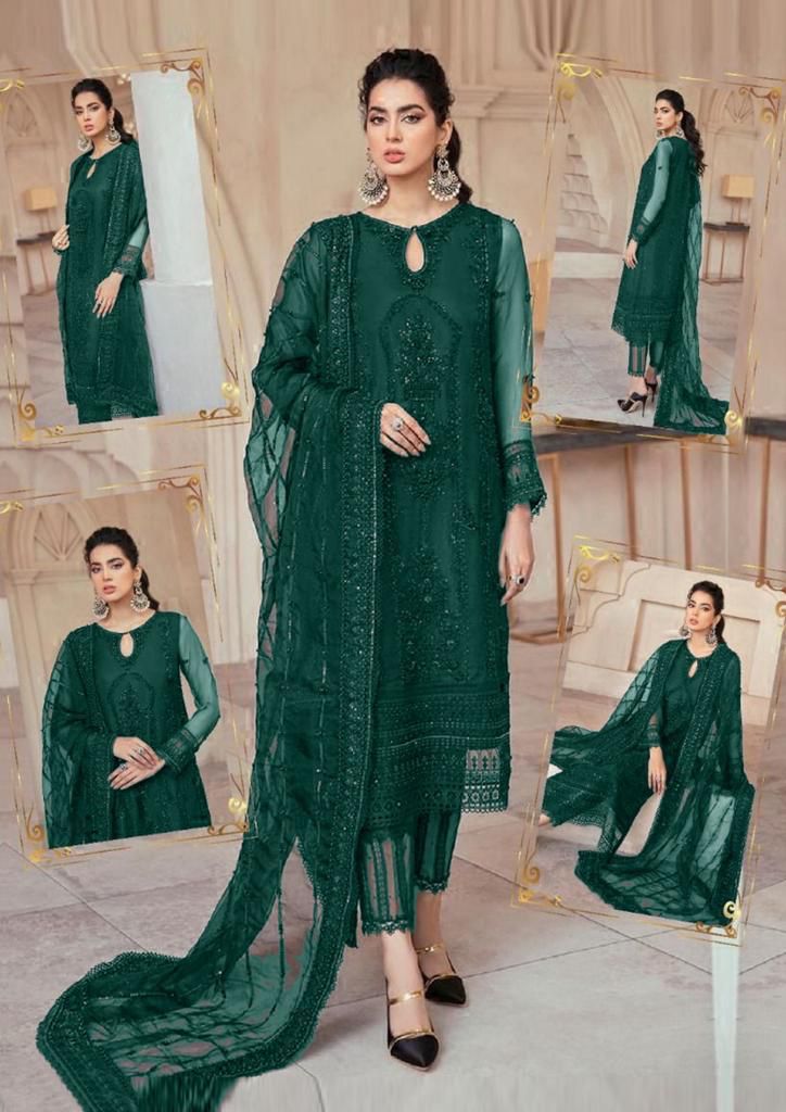 Mushq Green Formal Net Embroidered With Handwork 3 Piece Unstitched / Stitched