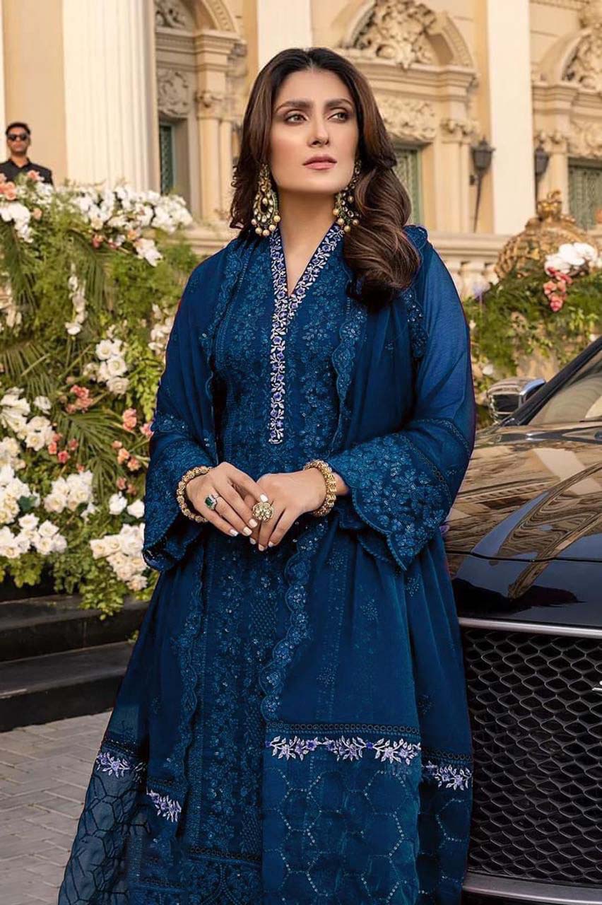 Azure Luxury Chiffon Embroidered 3 Piece Unstitched