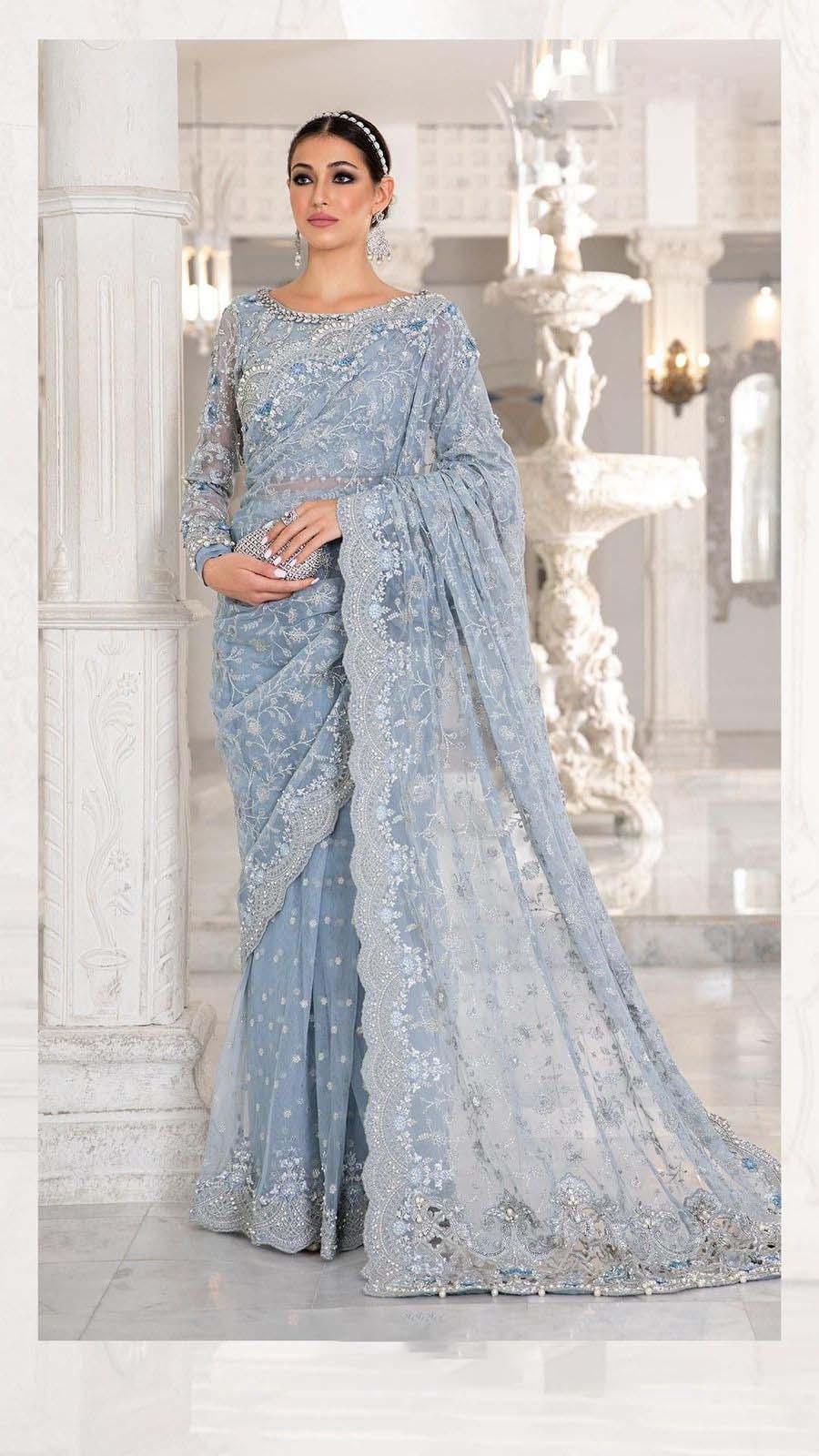 Maria B Sky Blue Net Saree Embroidery 3 piece Unstitched