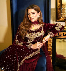 Rangrez Maroon Velvet Collection 3 piece Unstitched / Stitched