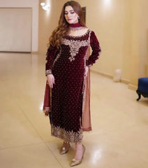 Rangrez Maroon Velvet Collection 3 piece Unstitched / Stitched