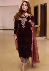Rangrez Maroon Velvet Collection 3 piece Unstitched / Stitched