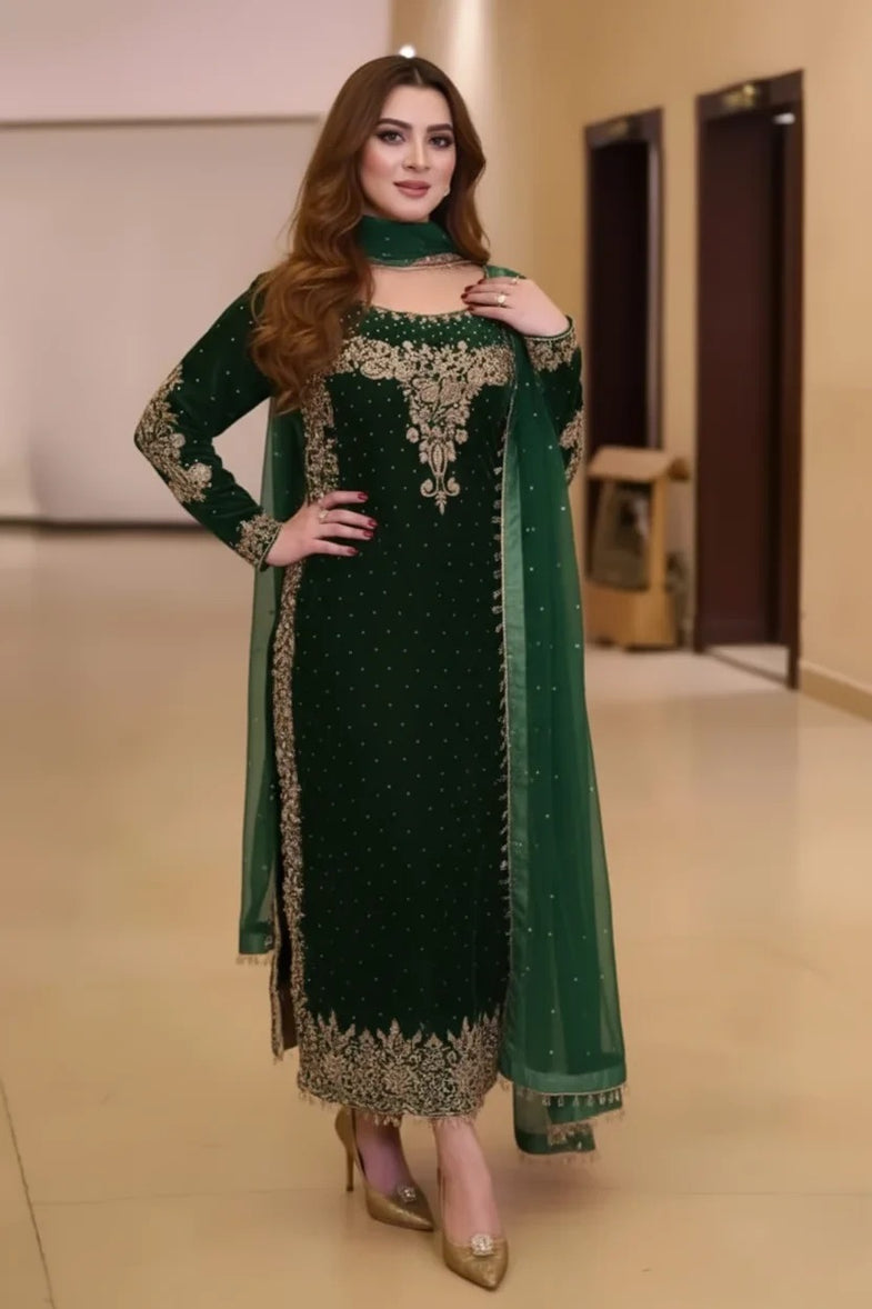 green emerald velvet dress Luxury Embroidered Bottle Green Velvet Dress for Party Wear & Weddings –  Best Price Online in Pakistan main image 1