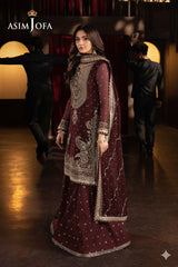 Asim Jofa Maroon Luxury Chiffon Embroidered 3 Piece Unstitched / Stitched