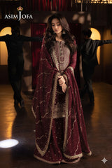 Asim Jofa Maroon Luxury Chiffon Embroidered 3 Piece Unstitched / Stitched