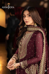 Asim Jofa Maroon Luxury Chiffon Embroidered 3 Piece Unstitched / Stitched