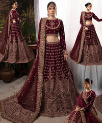 Nuriyaa Mahroon bridal Raw Silk Hand Made Collection 3 Piece Unstitched / Stitched