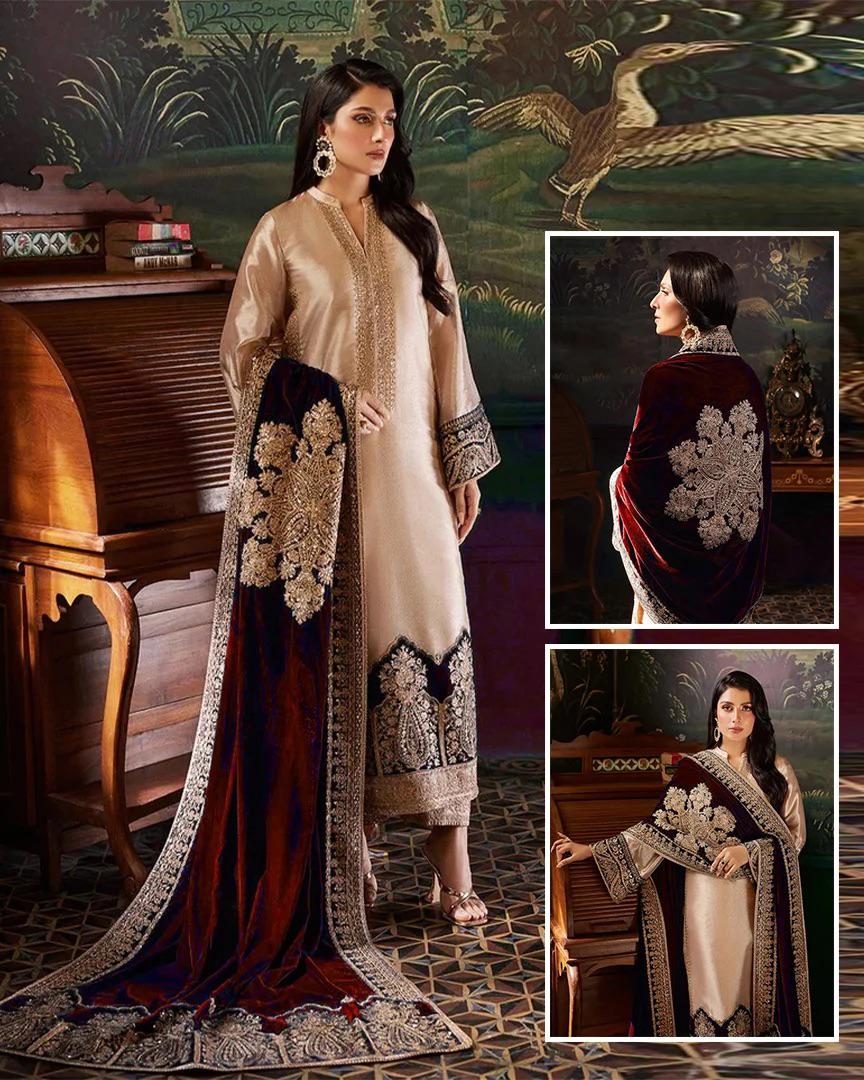 Zainab Chottani Heavy Embroidered Velvet Shawl 3 Piece Unstitched / Stitched