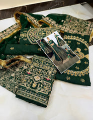 Nuriyaa Green bridal Raw Silk Hand Made Collection 3 Piece Unstitched / Stitched