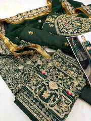 Nuriyaa Green bridal Raw Silk Hand Made Collection 3 Piece Unstitched / Stitched