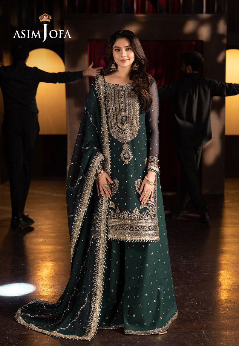 Asim Jofa Green Luxury Chiffon Embroidered 3 Piece Unstitched / Stitched