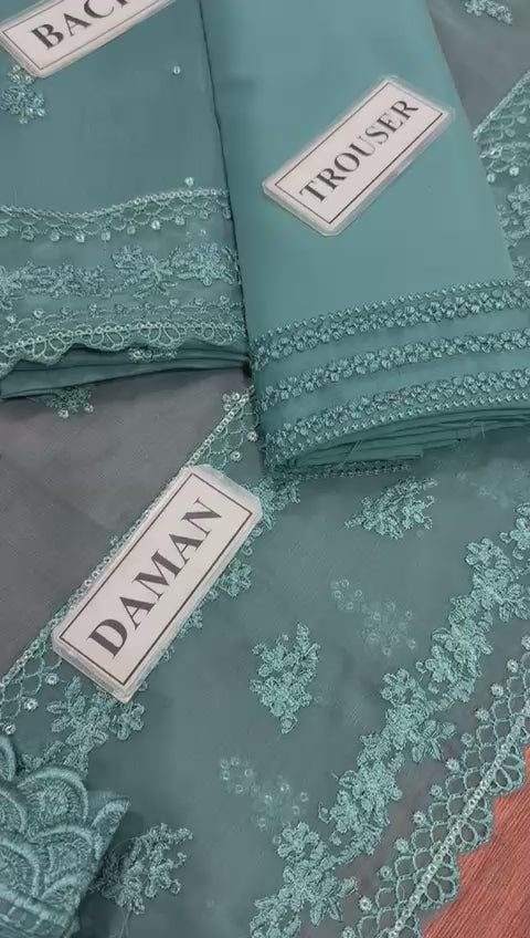 Azure Luxury Chiffon Dress Embroidered 3pcs Unstitched
