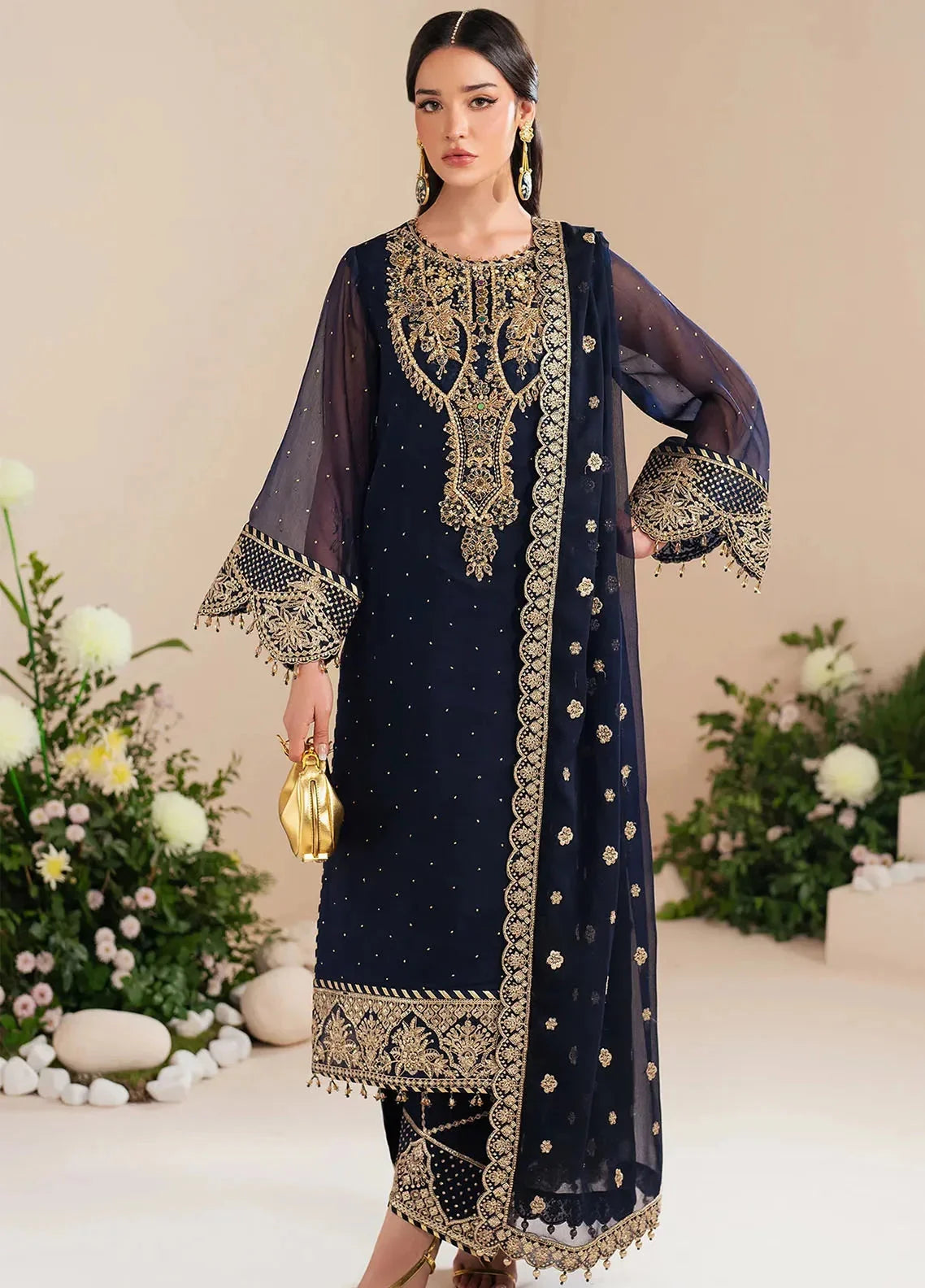 Alizeh Chiffon Embroidered & Hand Embellished 3 piece Unsitched / Stitched