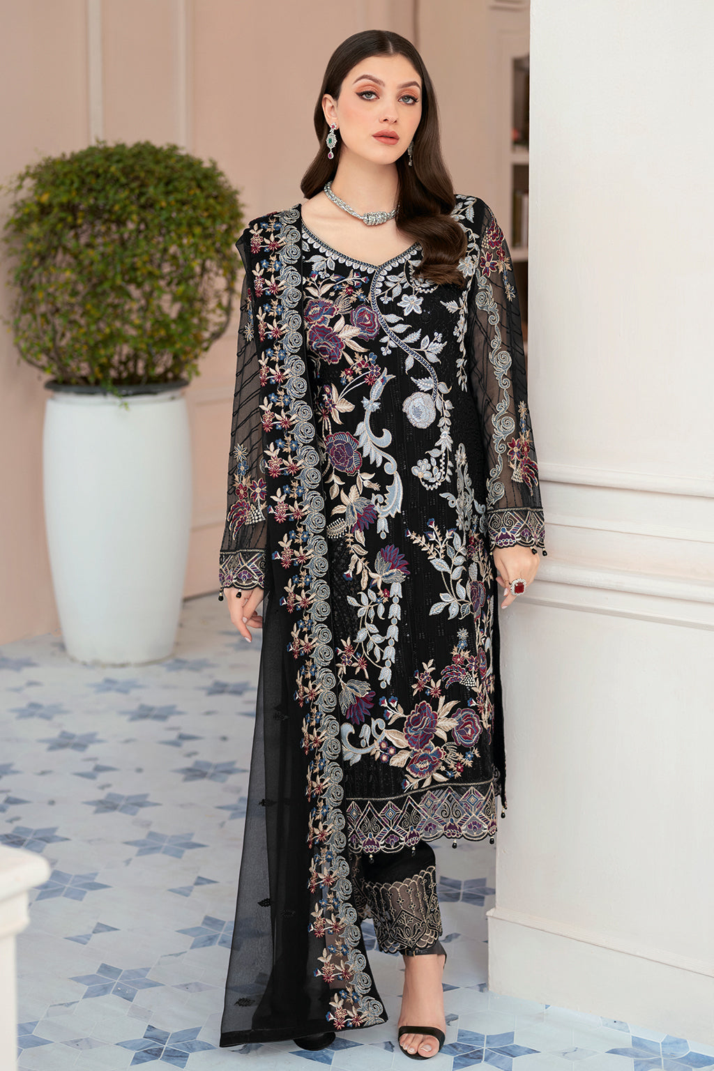 Ramsha Sequins Embroidered Organza 3 Piece Unstitched