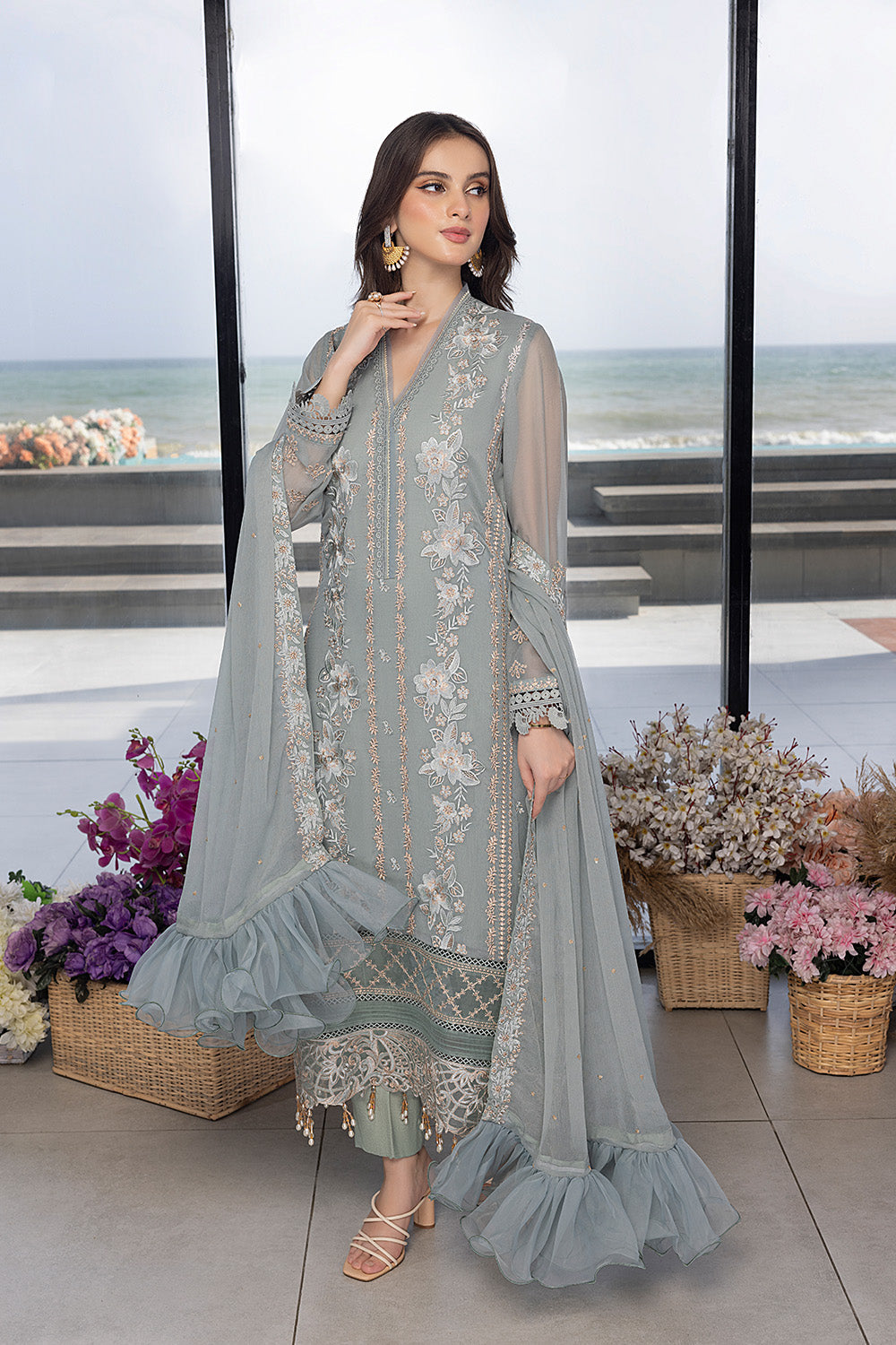 Azure  Sequins Embroidered Chiffon 3 Piece Unstitched
